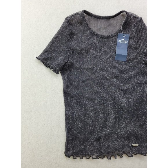 NEW Hollister Women's S Black Silver Thread Top Shirt Sheer Stretch Mesh Net - Picture 2 of 7